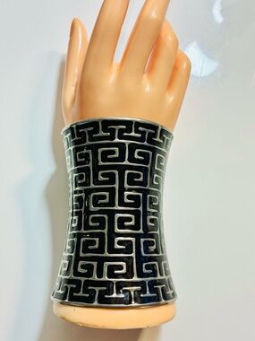 4” BLK Silver Greek Key Cuff Bracelet Elevated Structured Trendy Casual Party